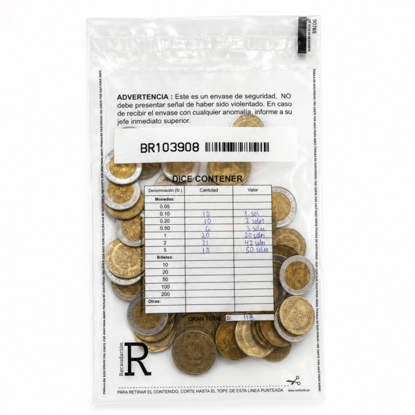 Empaque de recaudación de seguridad con adhesivo Hot Melt, numeración única y código de barras para el transporte seguro de dinero, documentos y valores en Perú.