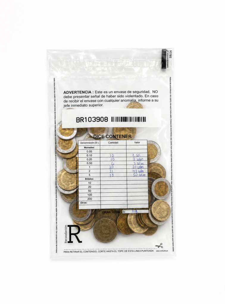 Empaque de recaudación de seguridad con adhesivo Hot Melt, numeración única y código de barras para el transporte seguro de dinero, documentos y valores en Perú.