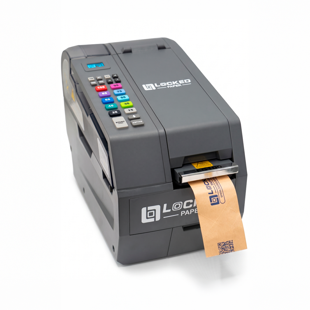 Dispensador electrónico CPK Lockeair EG100 para cinta engomada de papel Kraft en procesos de empaque industrial.