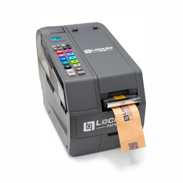 Dispensador electrónico CPK Lockeair EG100 para cinta engomada de papel Kraft en procesos de empaque industrial.